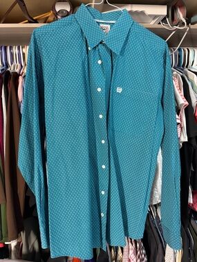 Cinch Medium Teal Geometric Long-Sleeve Button-Down Shirt